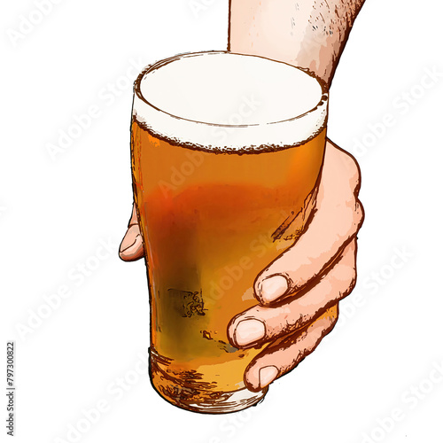 Illustration of a male hand holding  glass of beer