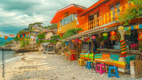Wallpaper Mural A vibrant beachfront cafe adorned with festive decorations and colorful furniture sets a cheerful tone on a pebbly seaside. Torontodigital.ca