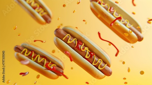 floating hot dogs with swirling condiments of mustard and ketchup