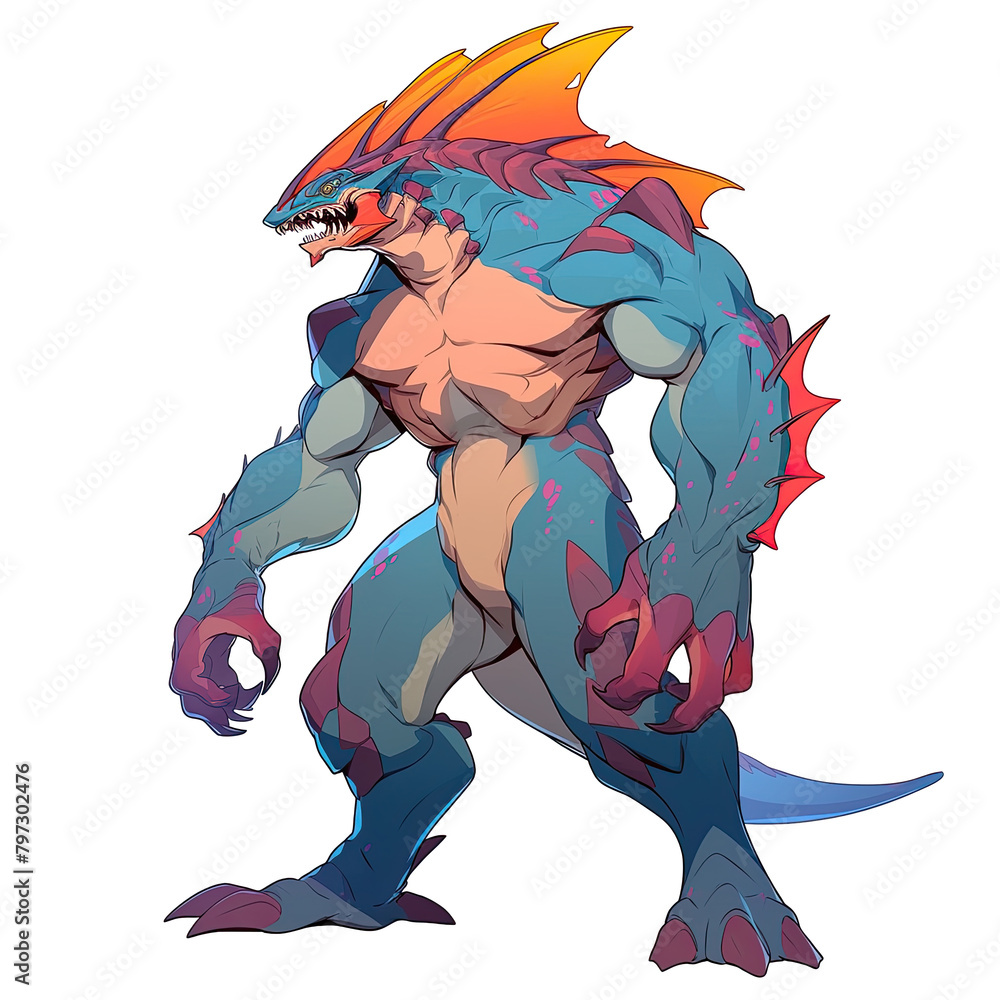 An illustration of a frightening monster with orange fins