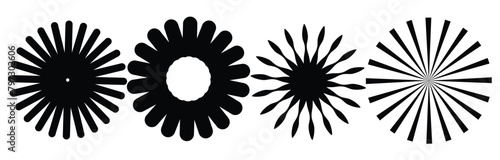 Sunburst element radial strips. Circular pattern of radial, radiating lines. Monochrome starburst, sunburst element. 