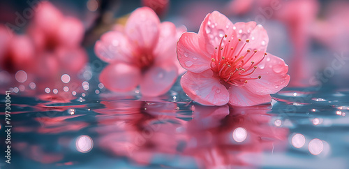 Sakura or cherry flowers and petals floating on water