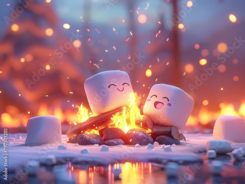 Two marshmallows roasting over a campfire with a snowy forest in the background