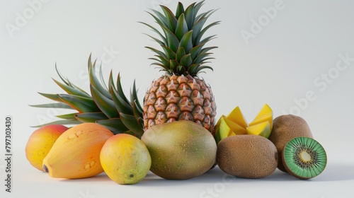 Large Pineapple  mango  kiwi and other fruit  photorealistic  white background  sharp   vivid colors  8k photoshoot - 