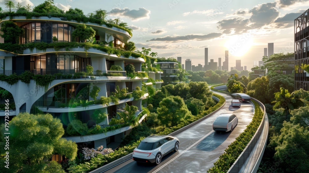 Naklejka premium A modern Futuristic urban sustainability landscape and road with electric cars, eco-friendly city with green spaces and rooftop gardens. Concept of Improvement of ecology and air quality