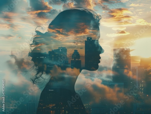 A woman's silhouette is shown in a cityscape with a cloudy sky. Concept of loneliness and isolation, as the woman's face is the only visible part of her body 
