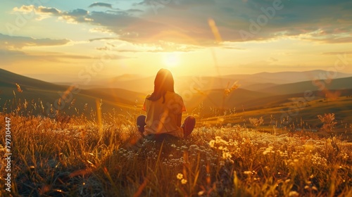 Person Enjoying Sunset on a Mountain Meadow