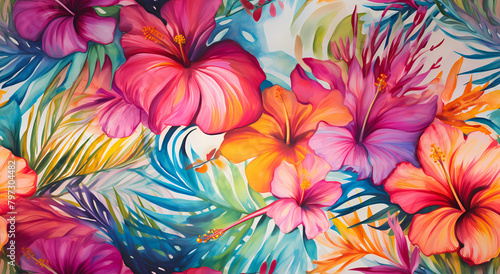 floral pattern featuring hibiscus flowers and palm leaves