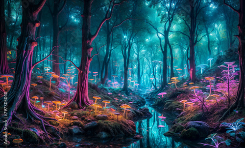 Create a surreal forest where the trees are made of neon lights, casting a colorful glow on the surrounding landscape. The forest should feel magical and ethereal
