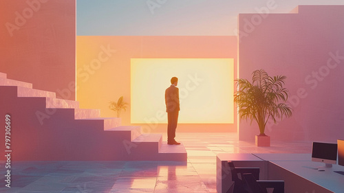 Experience the power of a minimalist work setting with a detailed portrayal of a business professional amidst a perfectly isolated background.