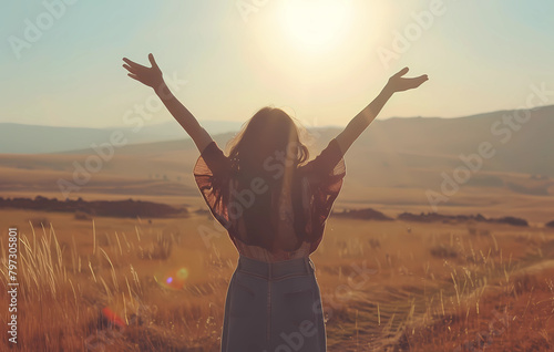A woman standing in the sunlight with her arms raised