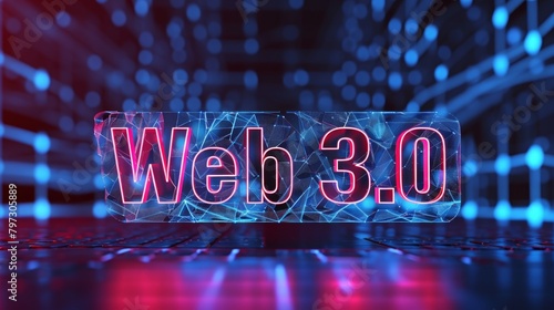 Neon sign of Web 3.0 shines against a backdrop of abstract digital lines and code. photo