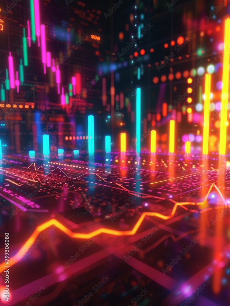 Business economic charts with light effects, neon. Abstract neon background, growth and fall analytics. AI hyper realistic 