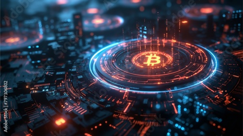 Visual representation of blockchain technology with abstract digital graphics and futuristic elements symbolizing secure transactions and decentralized networks
