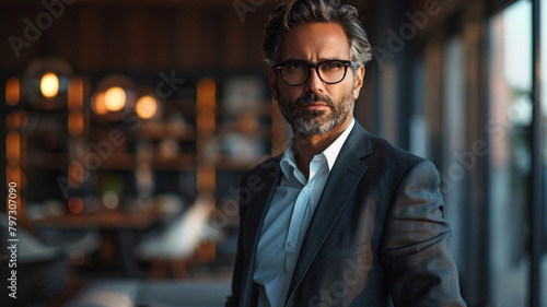  portrayal of a focused executive in a carefully curated workspace, standing against a solid background.