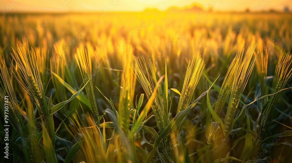 A high-quality image of a maize field during sunset, with rows of tall corn stalks swaying in the gentle breeze, depicting the beauty of agricultural landscapes