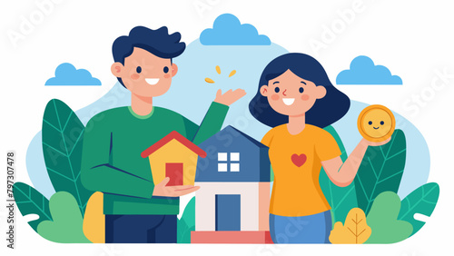 A young couple happily picks out their first home excited that they can afford to pay for it in cash thanks to their debtfree living.