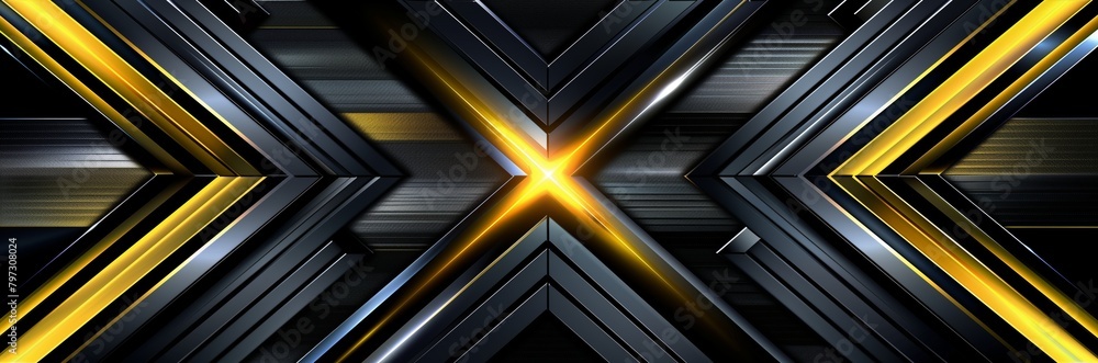 Obraz premium Dark blue elegant, futuristic, modern abstract background pattern with gilded gold and silver triangular shape line patterns in gold. Panoramic wallpaper background. Generative AI.