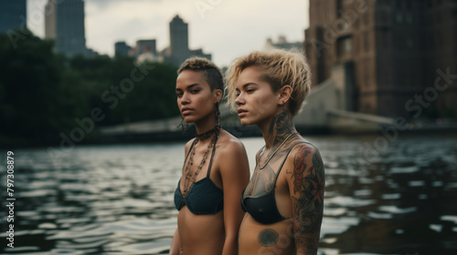 Two tattooed queer individuals in stylish attire. photo