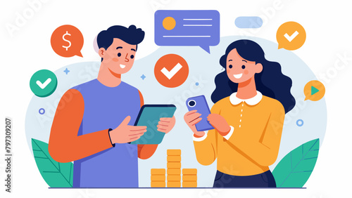 A couple is shown utilizing a fintech budgeting app together emphasizing the importance of communication and teamwork in managing personal