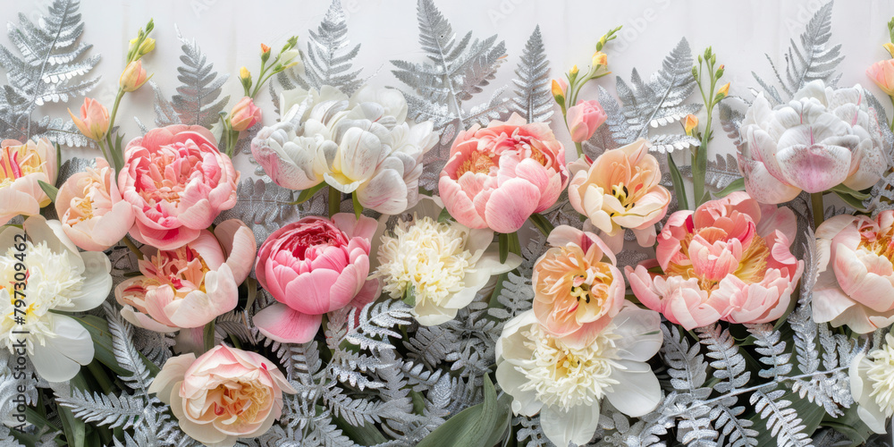 Pastel Floral Array with Tulips and Dusty Miller on White