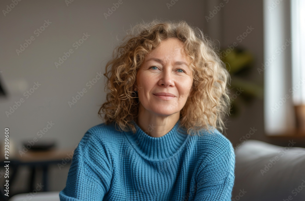 Confident Mature Lady with Curly Locks and a Serene Expression Confident Mature Lady with Curly Locks and a Serene Expression