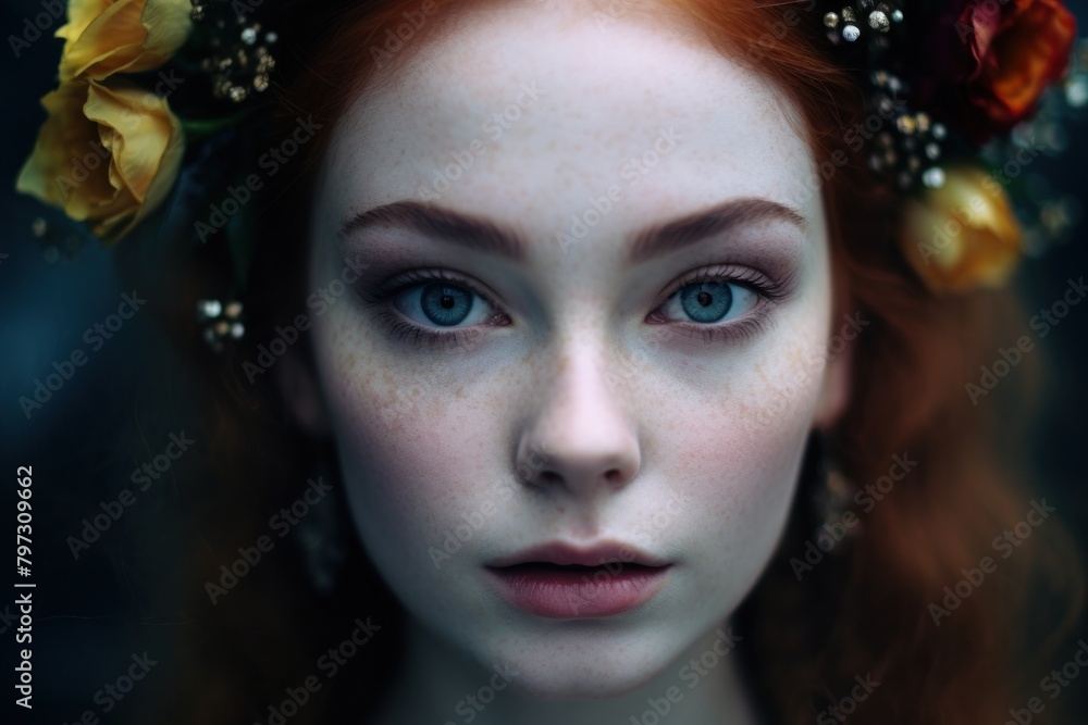 a woman with blue eyes and red hair