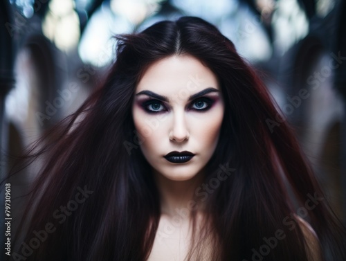a woman with dark hair and black lipstick