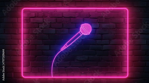 neon sign of microphone frame logo for decoration and covering on the wall background. Concept of night club, live music and karaoke bar.