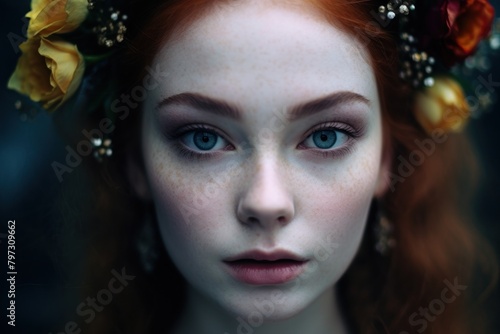 a woman with blue eyes and red hair
