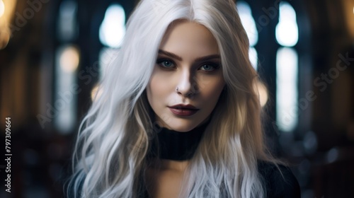a woman with white hair and a nose ring