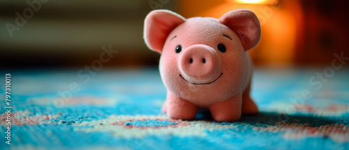 A small stuffed pig is sitting on a blue carpet
