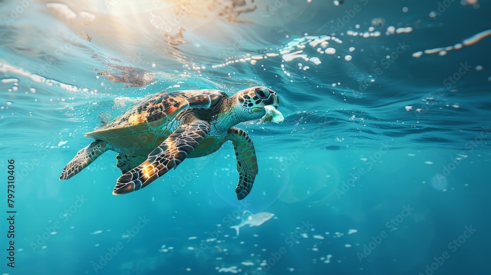Obraz premium Generative AI illustration of sea turtle swimming near the surface with a visible piece of plastic in its mouth, against a clear blue ocean background hyper realistic 