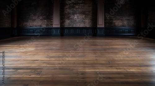 a wooden floor with black trim and brick walls