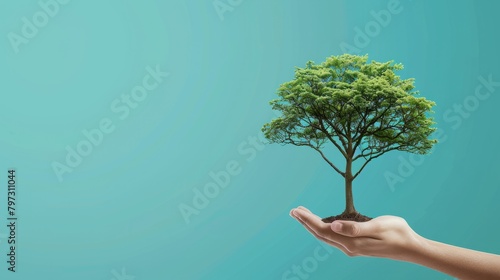 globally responsible: net zero 2050 esg eco concept, human hand holding green tree icon for environmental sustainability on blue background hyper realistic  photo