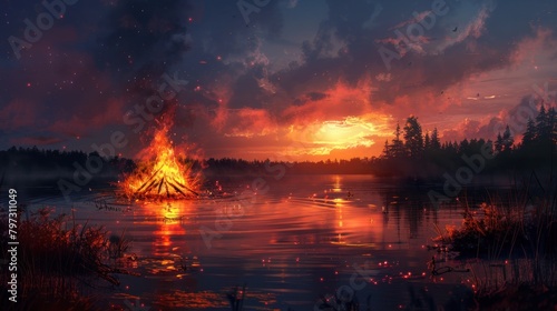 Bonfires blaze bright against the twilight sky, illuminating the northern nights with warmth and camaraderie.
