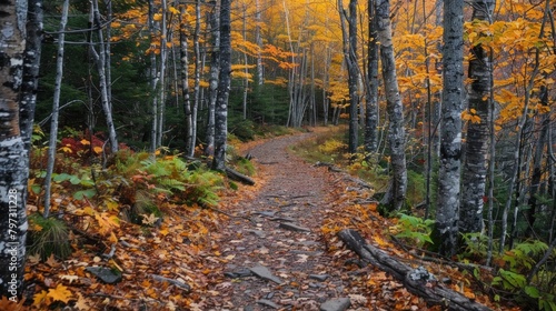Hiking trails wind through northern forests  inviting adventurers to explore the untamed beauty of autumn s domain.