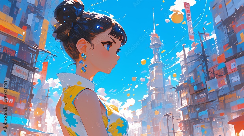 A beautiful anime girl with brown hair and blue eyes wearing a yellow dress standing in a city street with a lot of buildings and signs. A beautiful anime girl with brown hair and blue eyes wearing a yellow dress standing in a city street with a lot of buildings and signs.