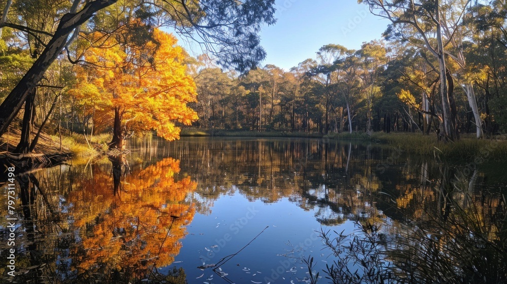 Northern rivers reflect the fiery hues of autumn, mirroring nature's own kaleidoscope in their tranquil waters.