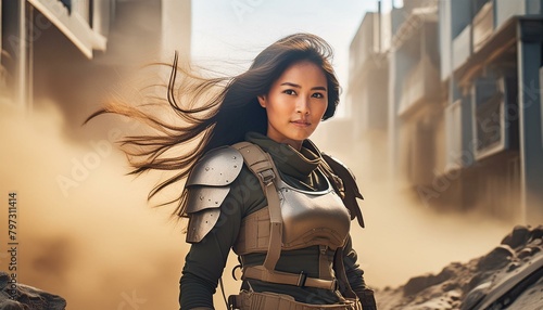 A futuristic female tech warrior with armor, straps, leather, draping flowing wind-blown cloth, and stylized hair blowing in the wind. ; standing in a dystopian city ; ultra-detailed ; splashes of dus photo