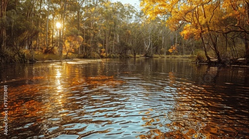 Northern rivers reflect the fiery hues of autumn, mirroring nature's own kaleidoscope in their tranquil waters. photo