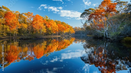 Northern rivers reflect the fiery hues of autumn, mirroring nature's own kaleidoscope in their tranquil waters. photo