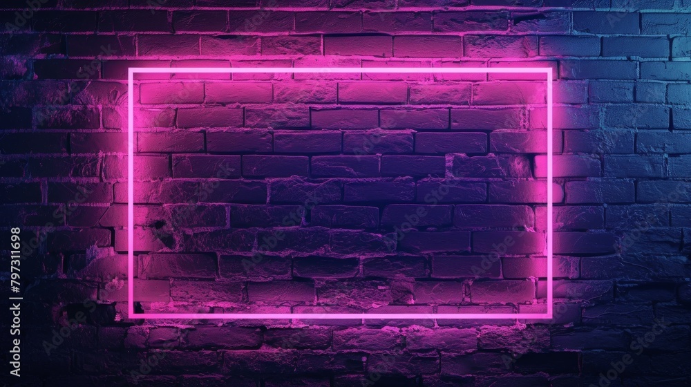 Blank rectangle neon light, electric power around frame lights. Empty background Blank rectangle neon light, electric power around frame lights. Empty background