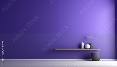 Fototapeta Naklejka Na Ścianę i Meble -  Minimalist purple living room interior with orchid flower in pot on shelf against plain purple wall background 3d render