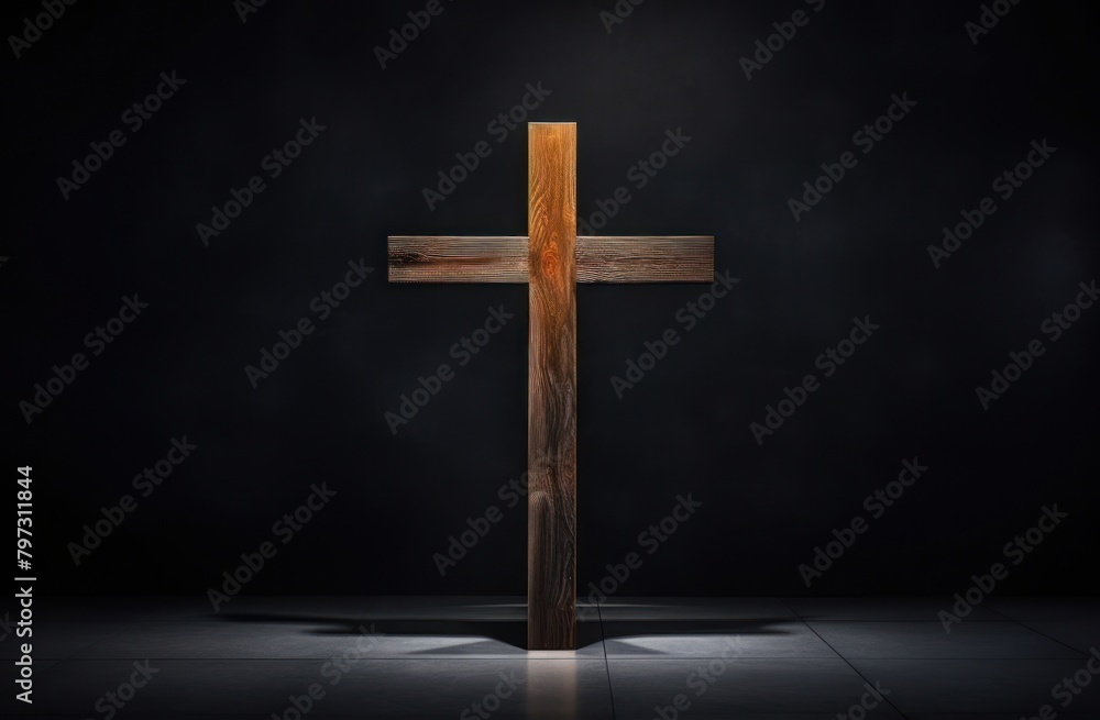 a wooden cross in a dark room
