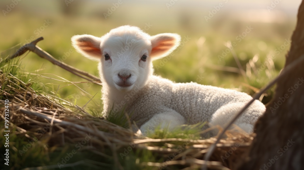 Obraz premium a baby lamb lying in grass
