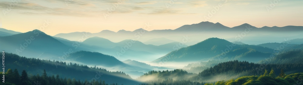 a foggy landscape of mountains and trees a foggy landscape of mountains and trees