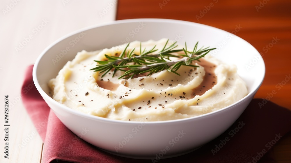 a bowl of mashed potatoes with a sprig of rosemary