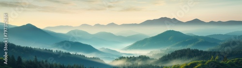 a foggy landscape of mountains and trees #797312634