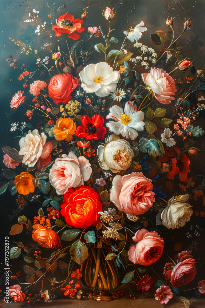 Classical Bouquet of Flowers Painting with Lush Vibrant Blossoms